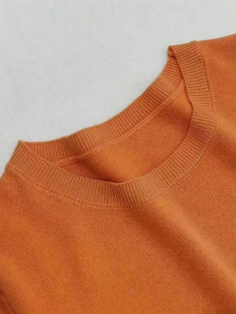 Women's Fine Rib Knit Short Sleeve Top, Fitted Stretch Tee for Layering and Work - Peach