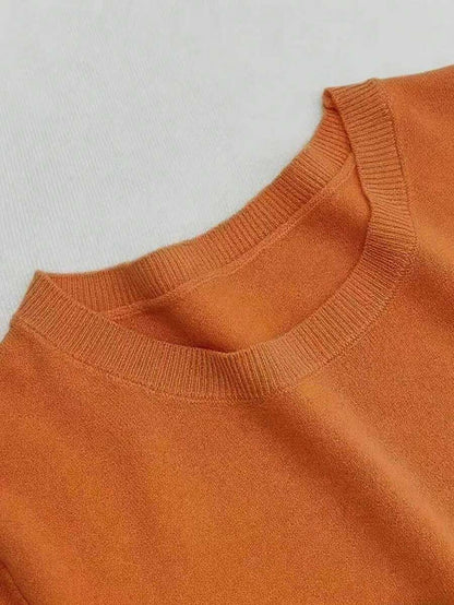 Women's Fine Rib Knit Short Sleeve Top, Fitted Stretch Tee for Layering and Work - Peach