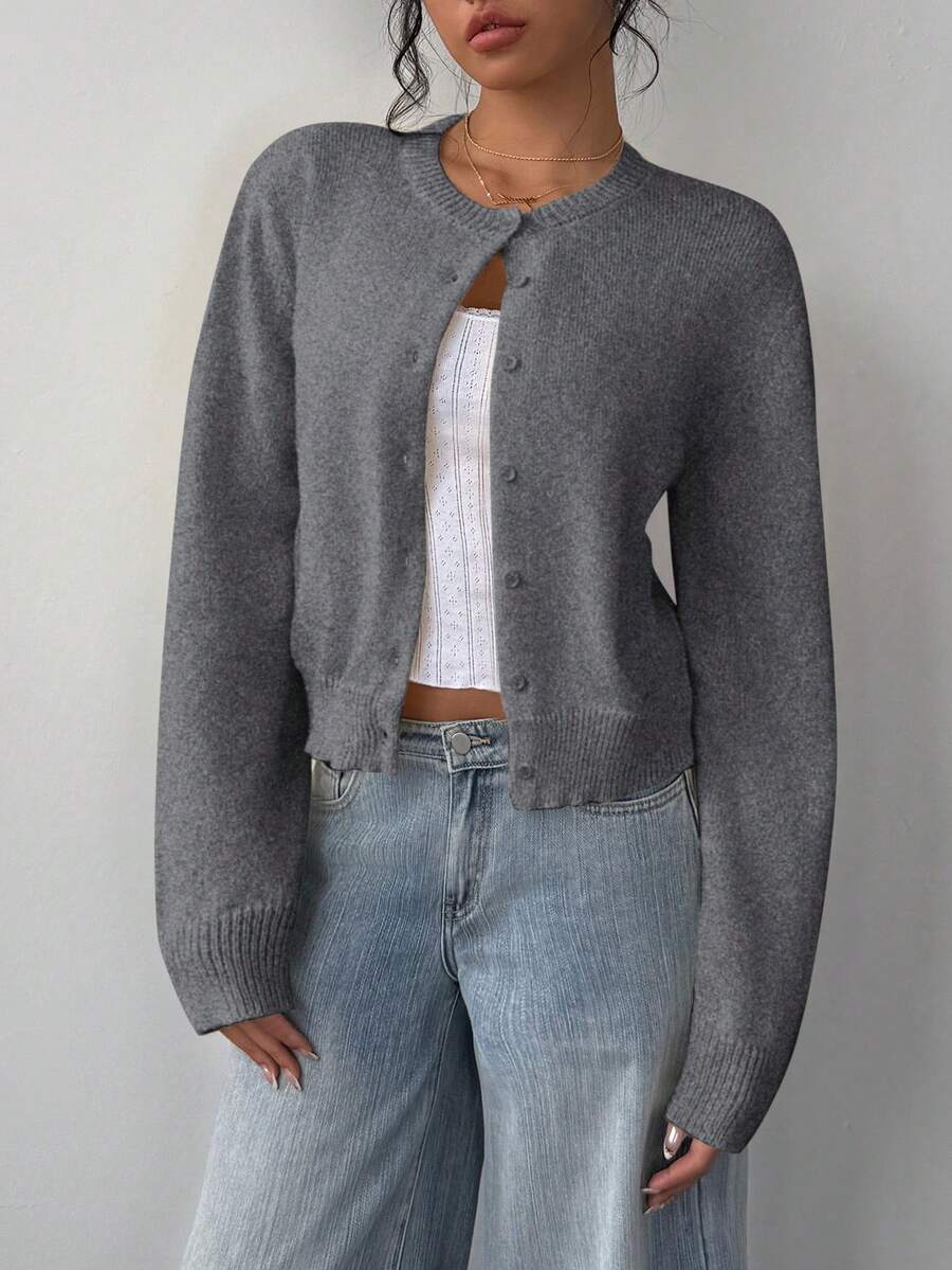 Elowen Round Neck Cropped Cardigan - Brown