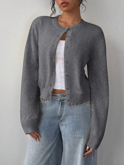 Elowen Round Neck Cropped Cardigan - Brown