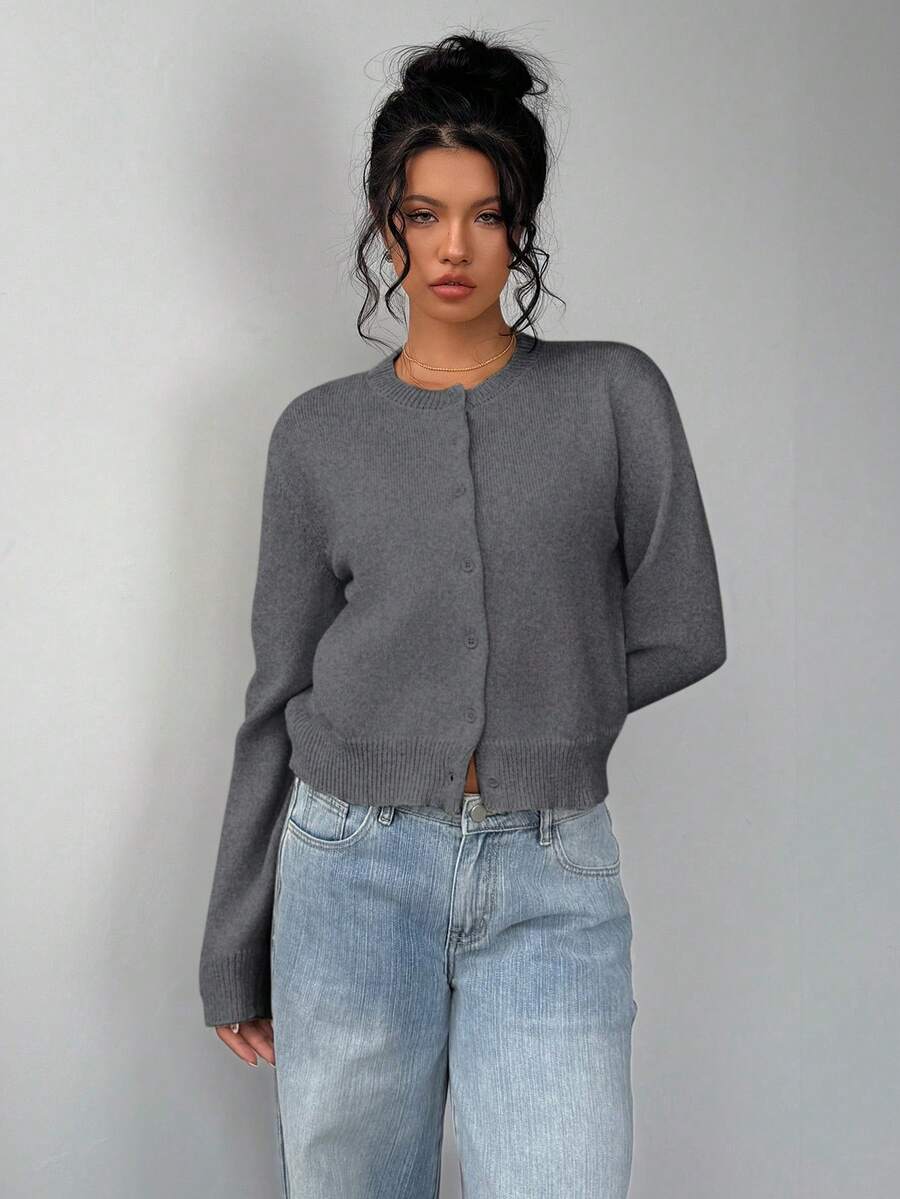 Elowen Round Neck Cropped Cardigan - Brown