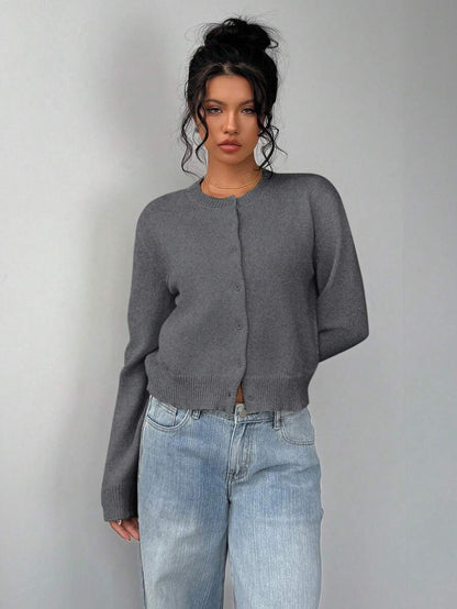 Elowen Round Neck Cropped Cardigan - Brown