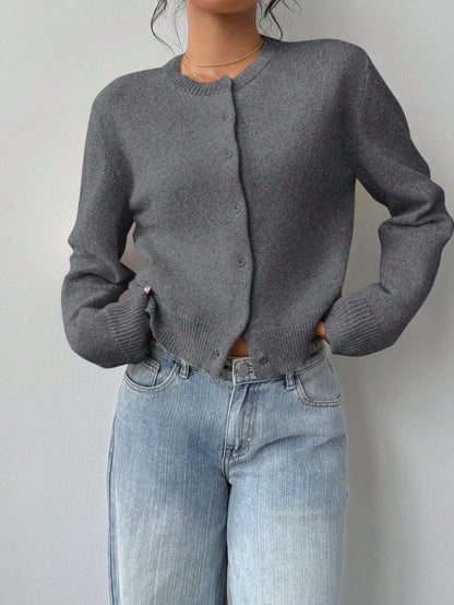 Elowen Round Neck Cropped Cardigan - Brown