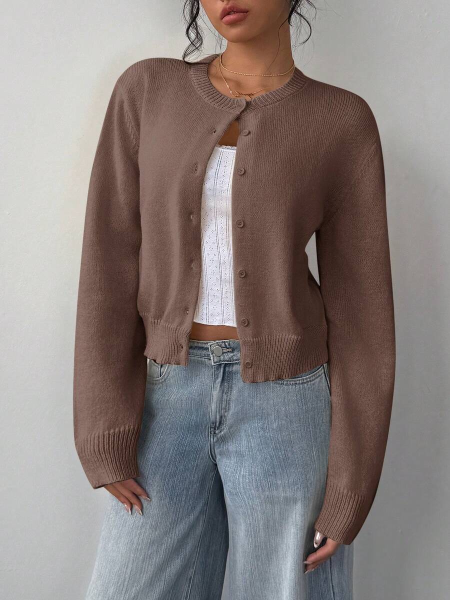 Elowen Round Neck Cropped Cardigan - Brown