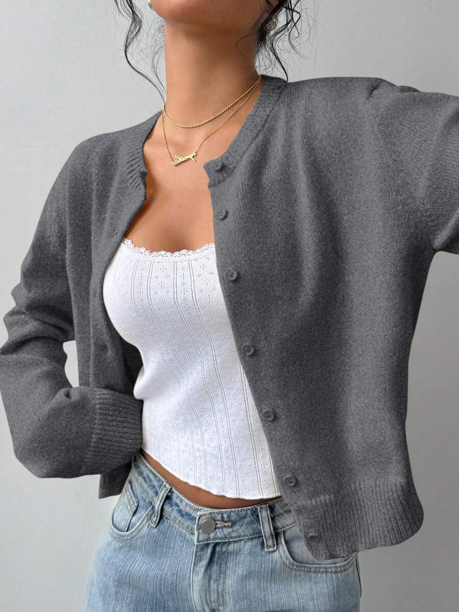 Elowen Round Neck Cropped Cardigan - Brown