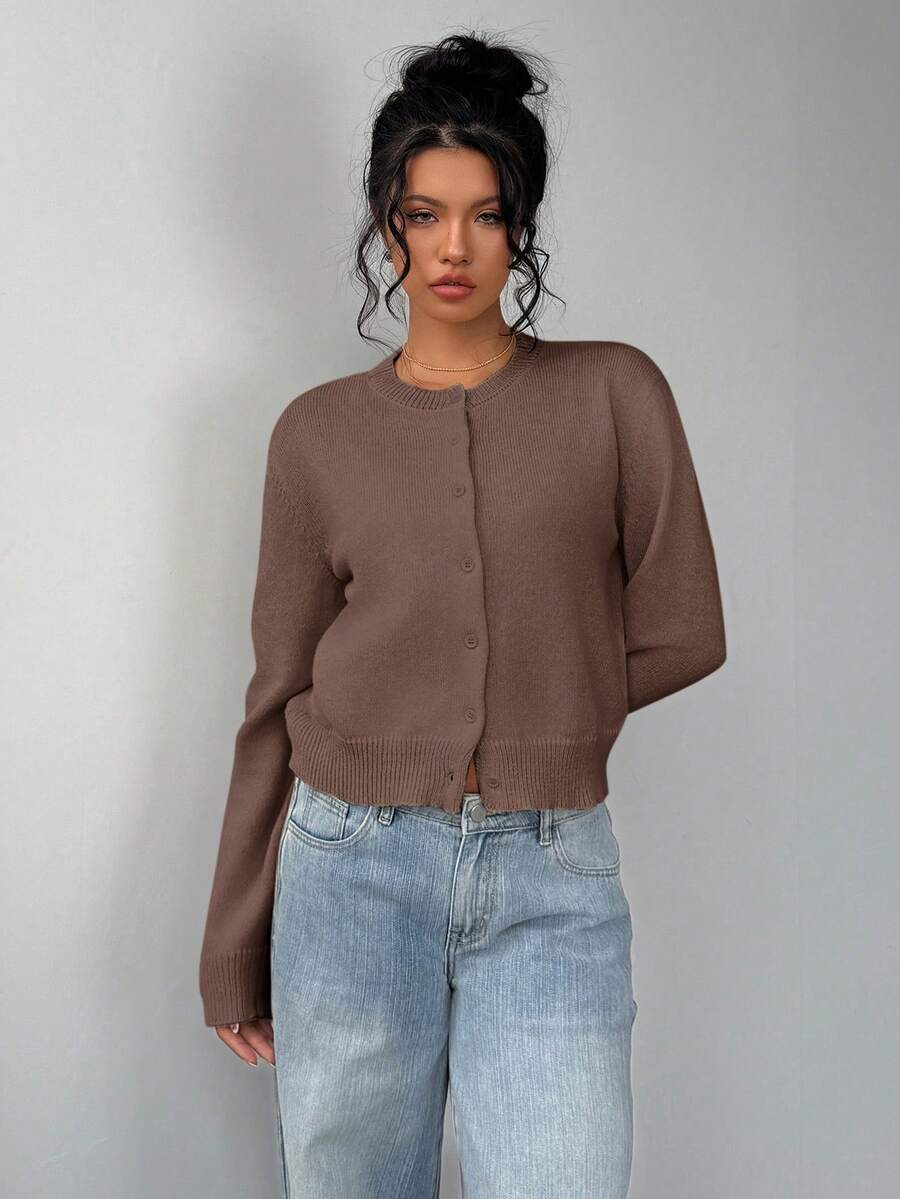 Elowen Round Neck Cropped Cardigan - Brown