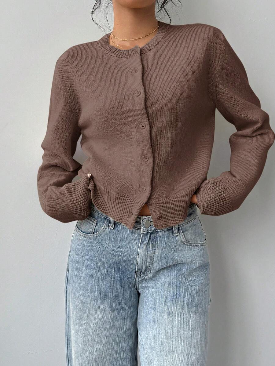 Elowen Round Neck Cropped Cardigan - Brown