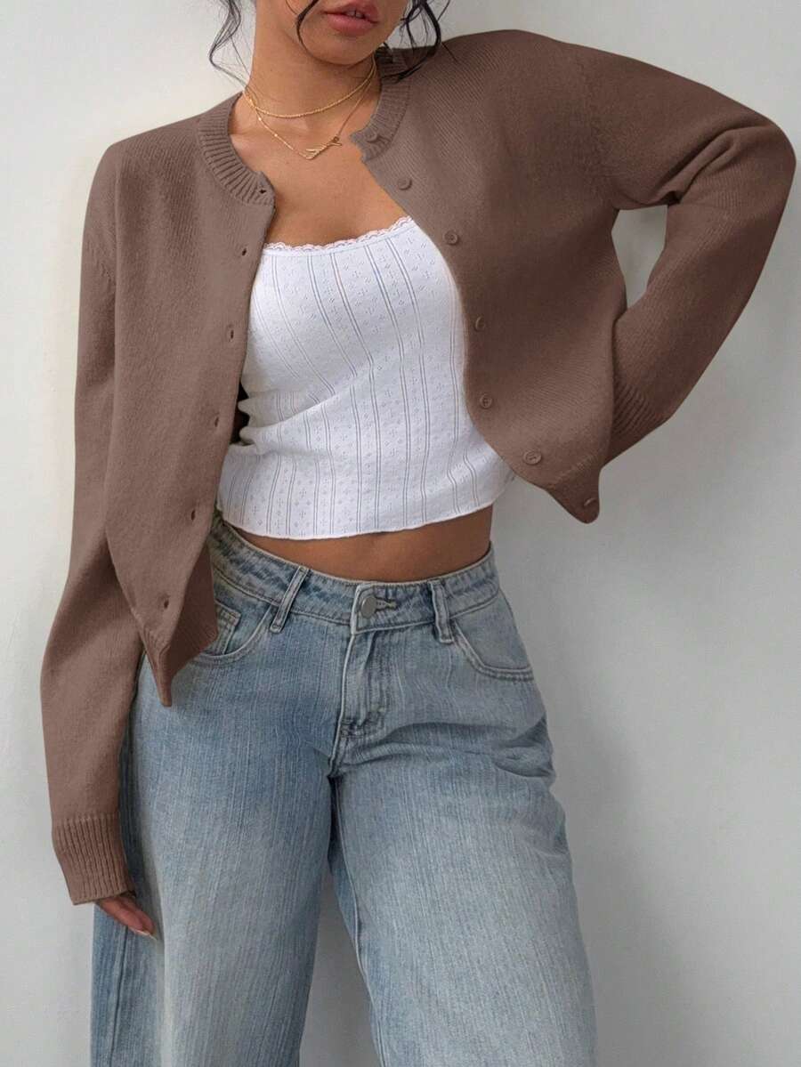 Elowen Round Neck Cropped Cardigan - Brown
