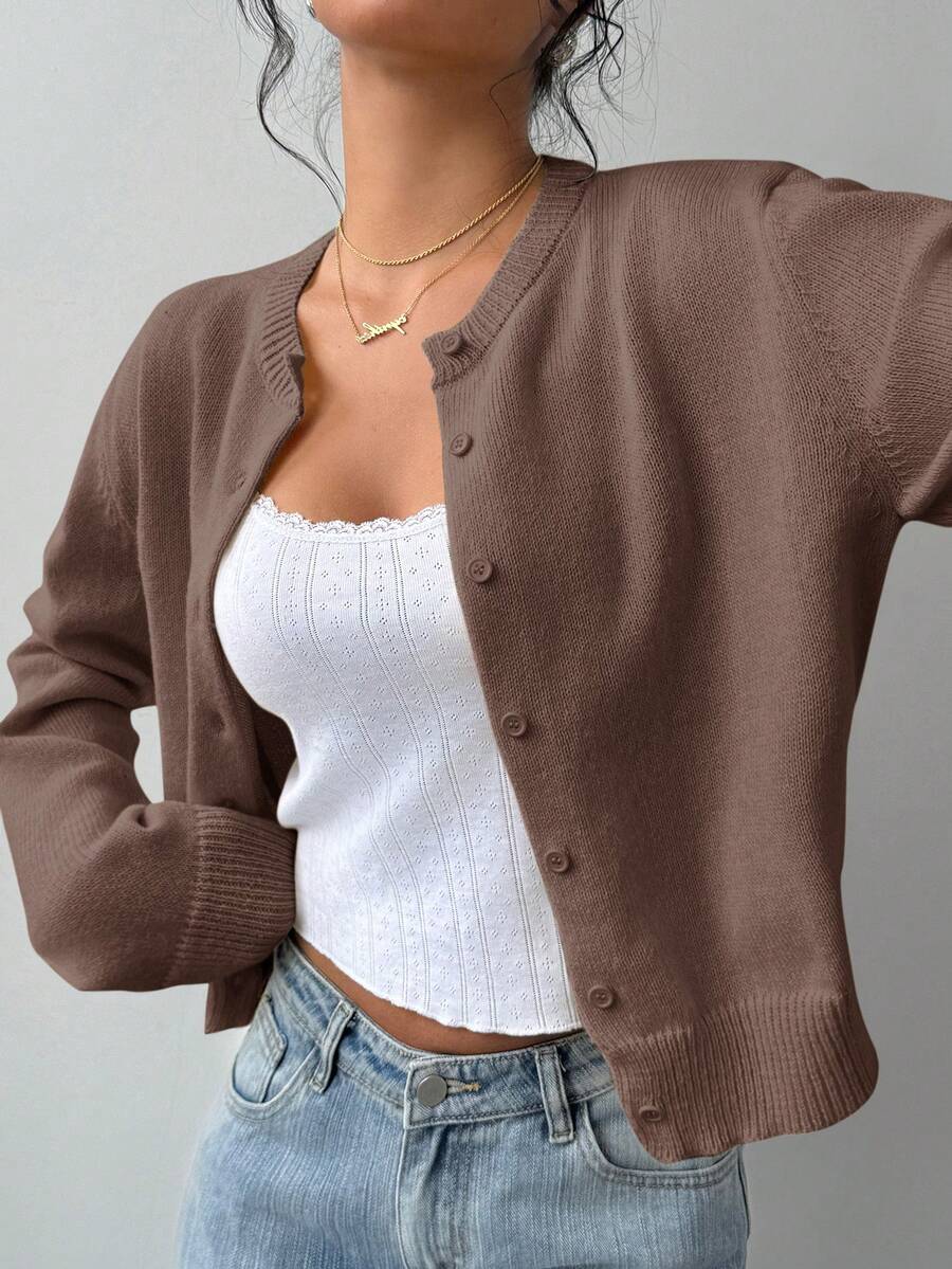 Elowen Round Neck Cropped Cardigan - Brown
