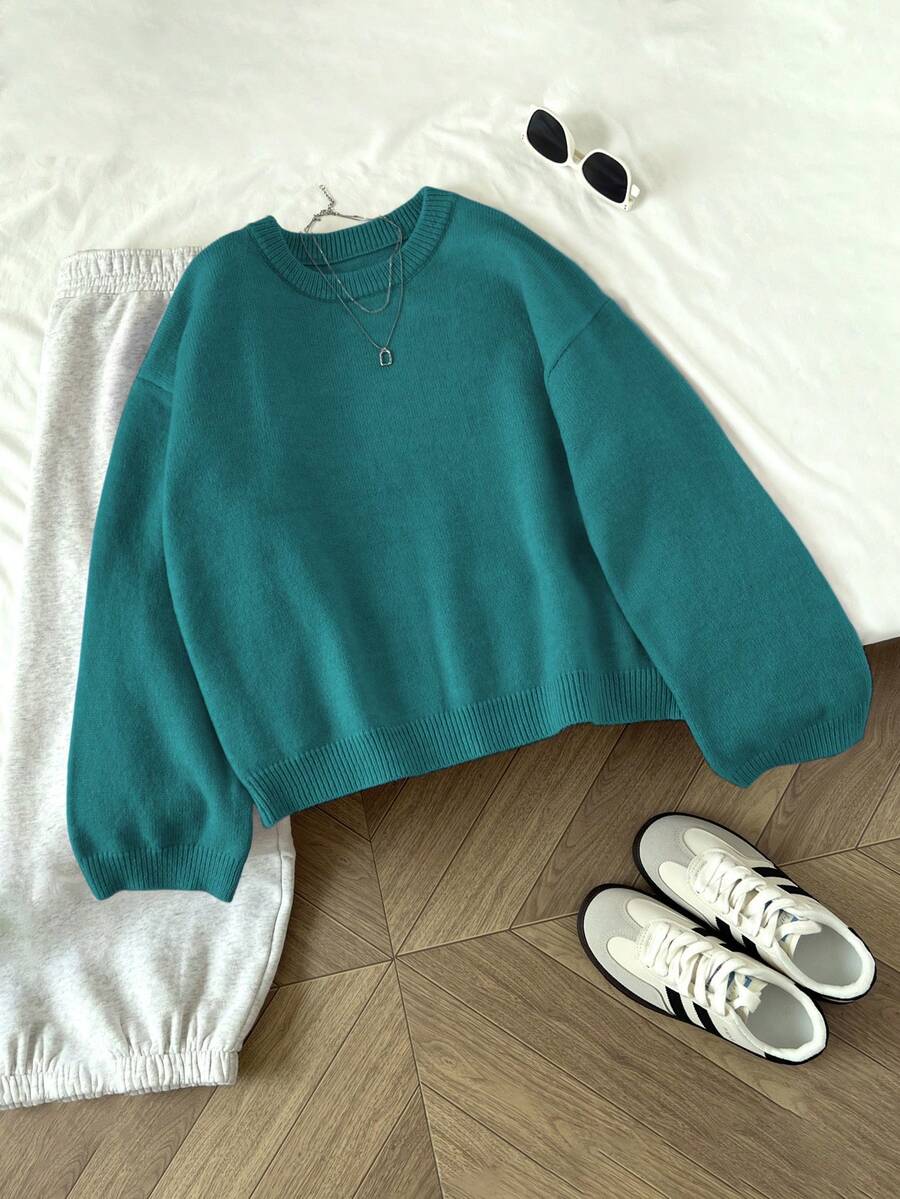 Women's Oversized Crew Neck Pullover Sweater, Relaxed Knit Sweater for Fall Winter - Green