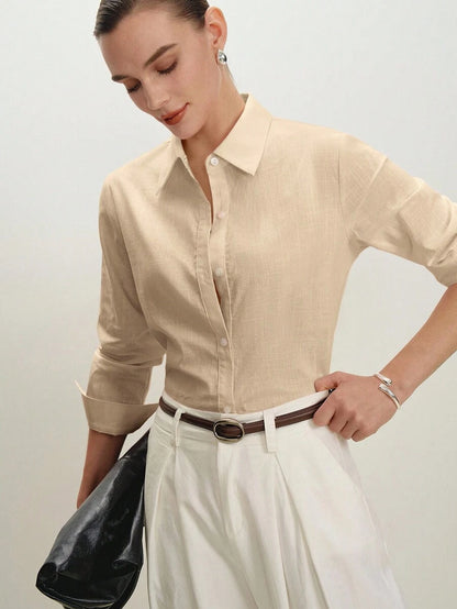 Arabella Classic Collared Button Down Long Sleeve Cotton Shirt - Khaki