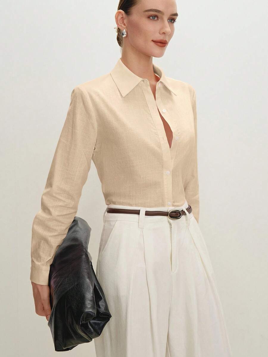 Arabella Classic Collared Button Down Long Sleeve Cotton Shirt - Khaki