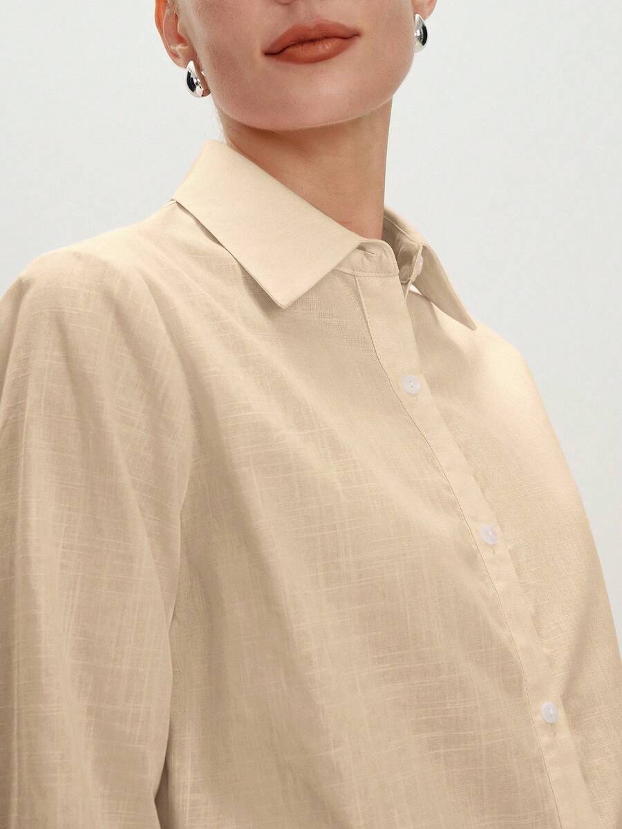 Arabella Classic Collared Button Down Long Sleeve Cotton Shirt - Khaki