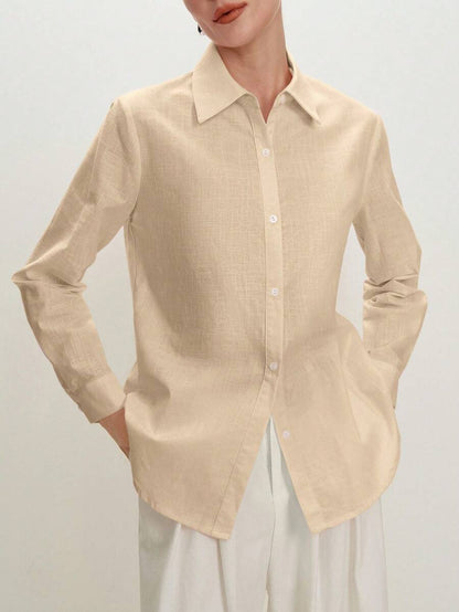 Arabella Classic Collared Button Down Long Sleeve Cotton Shirt - Khaki