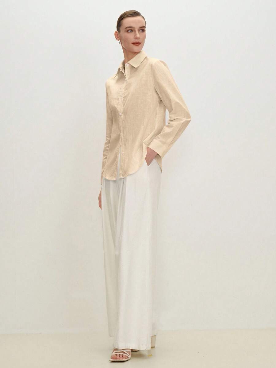 Arabella Classic Collared Button Down Long Sleeve Cotton Shirt - Khaki