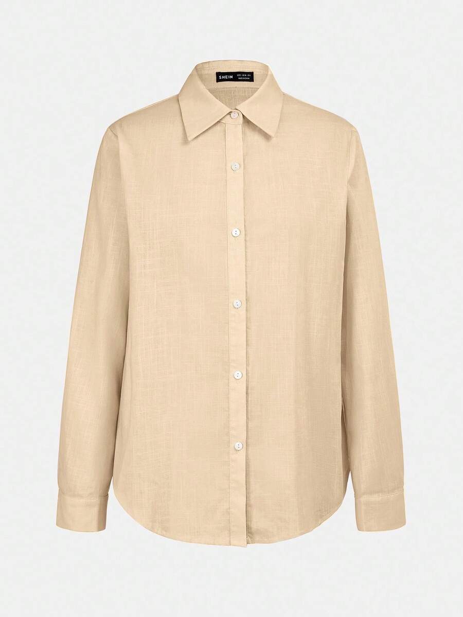 Arabella Classic Collared Button Down Long Sleeve Cotton Shirt - Khaki