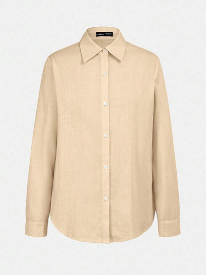 Arabella Classic Collared Button Down Long Sleeve Cotton Shirt - Khaki