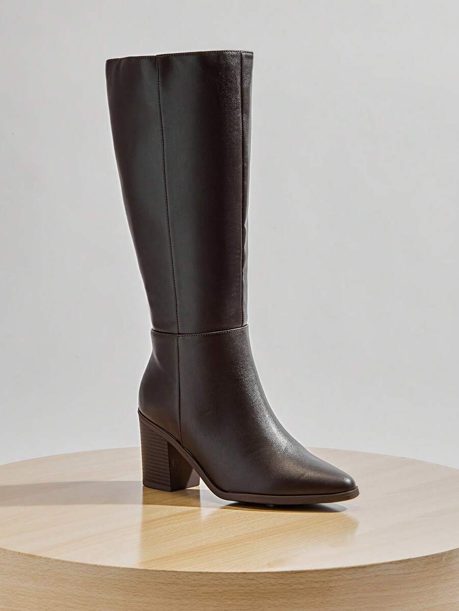 SHUZIA Staple Women's 2.5" Block Heel Snip Toe Premium Oil-Finished PU Black Knee High Boots– Sleek, Comfortable & Timeless, Elevate Your Look Season After Season For Christmas Valentine's Day Mensa