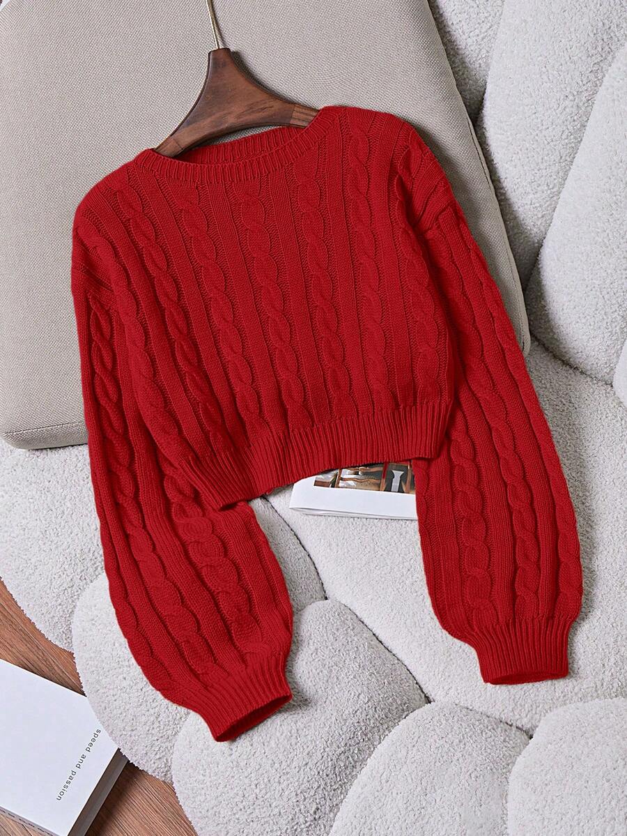 Oriana Cropped Cable Knit Sweater with Crew Neck - Red