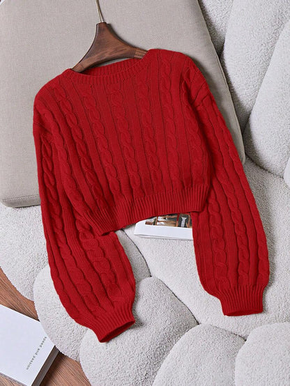Oriana Cropped Cable Knit Sweater with Crew Neck - Red