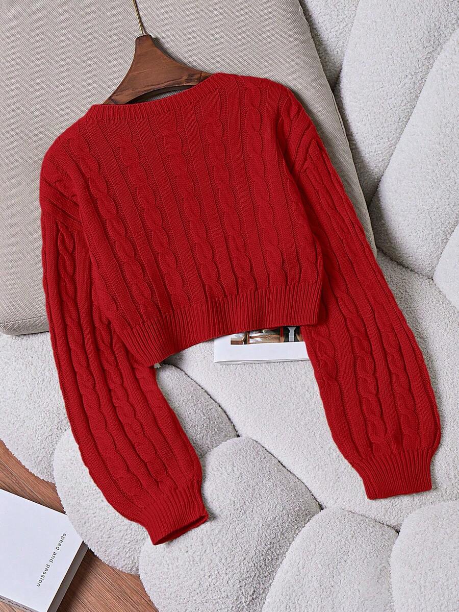 Oriana Cropped Cable Knit Sweater with Crew Neck - Red