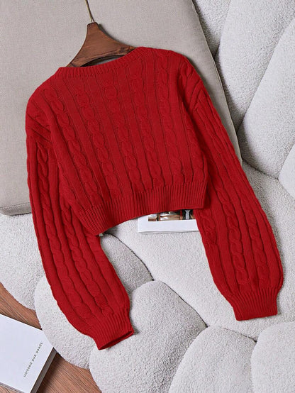 Oriana Cropped Cable Knit Sweater with Crew Neck - Red