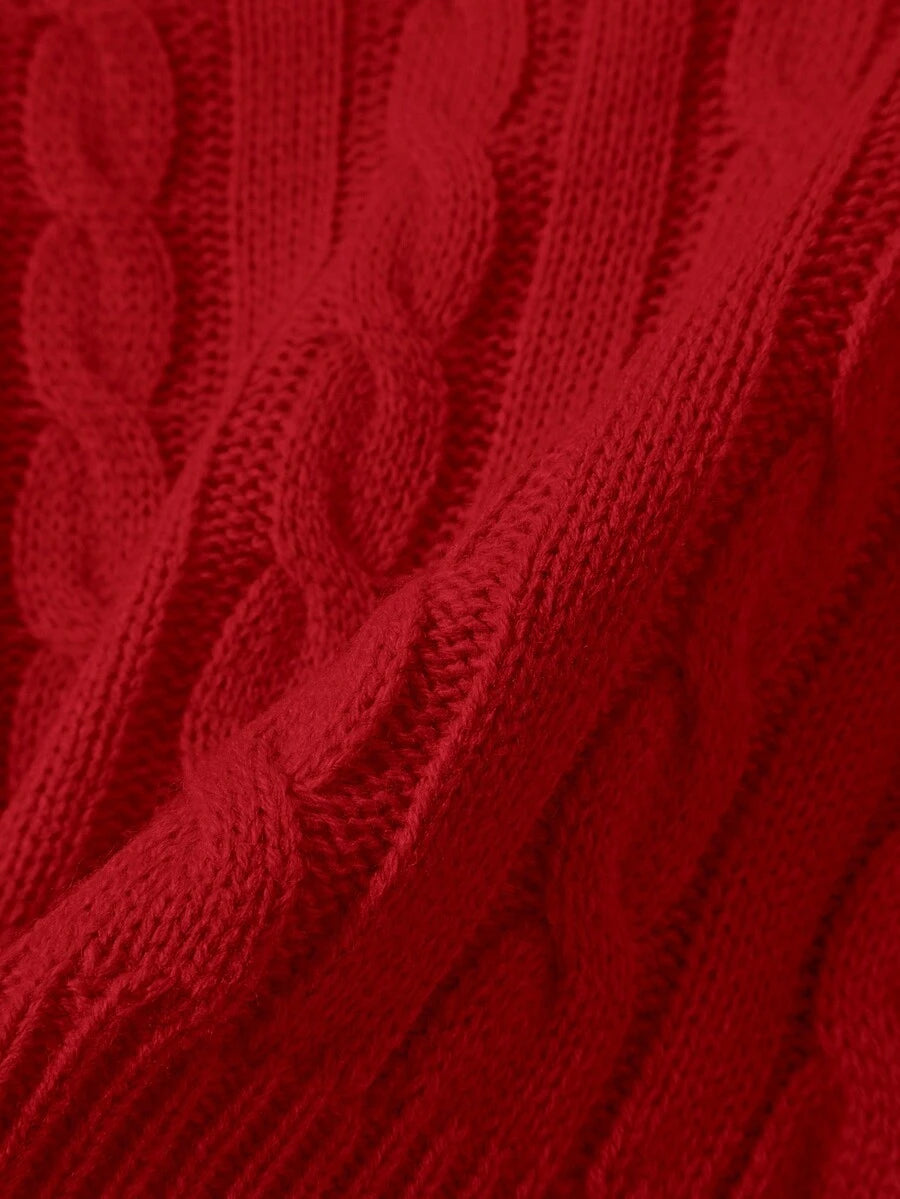 Oriana Cropped Cable Knit Sweater with Crew Neck - Red