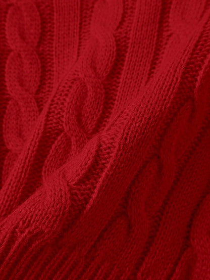 Oriana Cropped Cable Knit Sweater with Crew Neck - Red