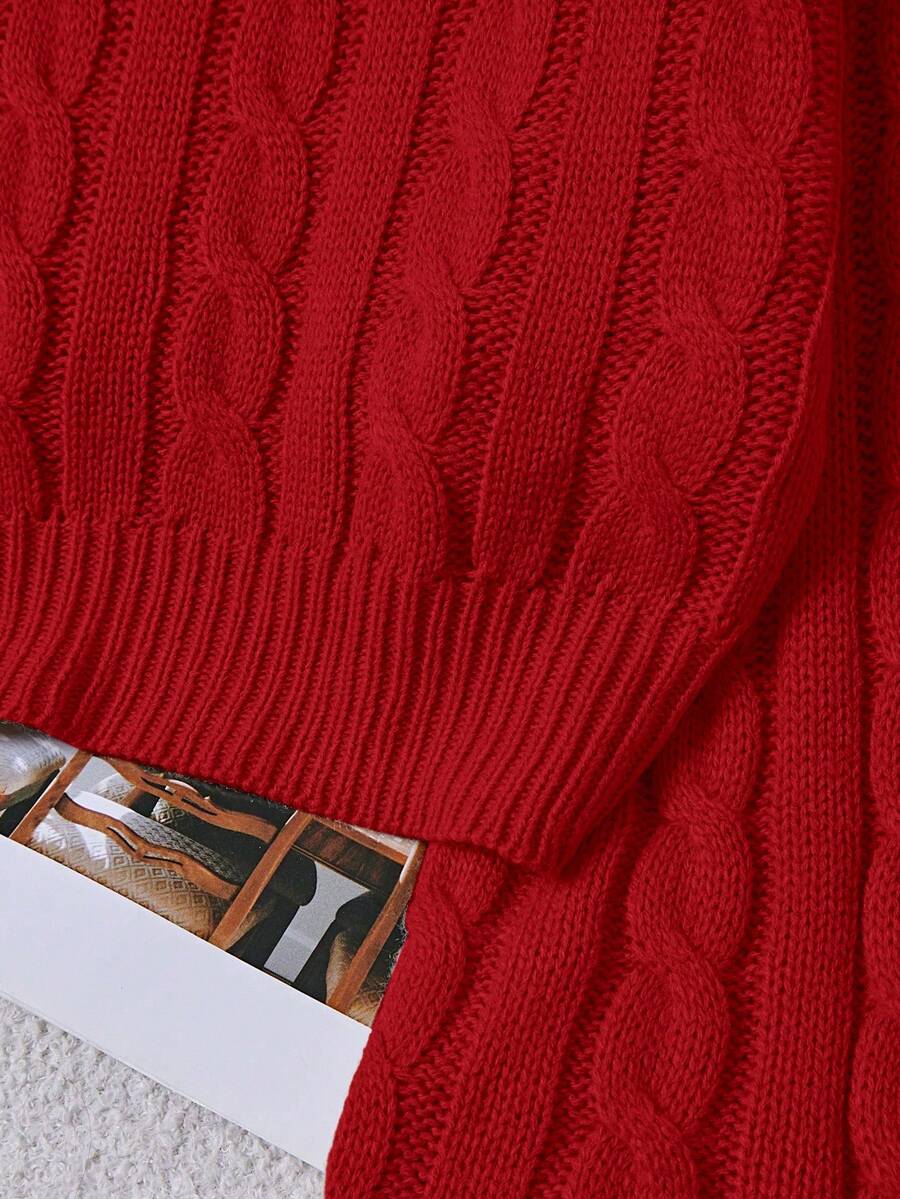 Oriana Cropped Cable Knit Sweater with Crew Neck - Red