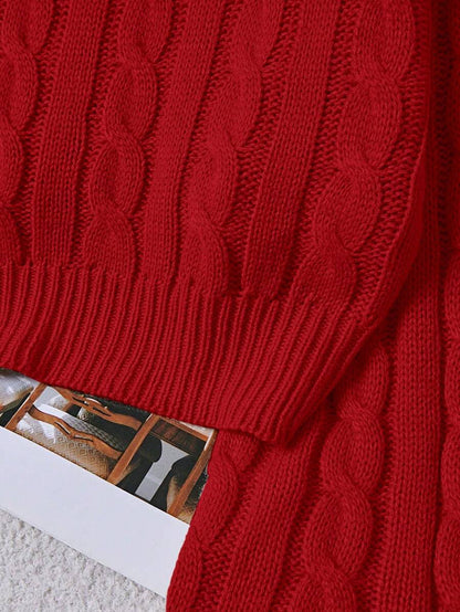 Oriana Cropped Cable Knit Sweater with Crew Neck - Red