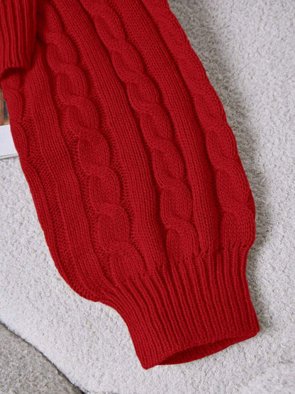 Oriana Cropped Cable Knit Sweater with Crew Neck - Red