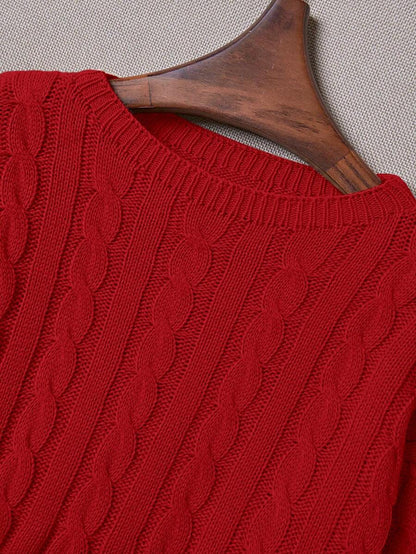 Oriana Cropped Cable Knit Sweater with Crew Neck - Red