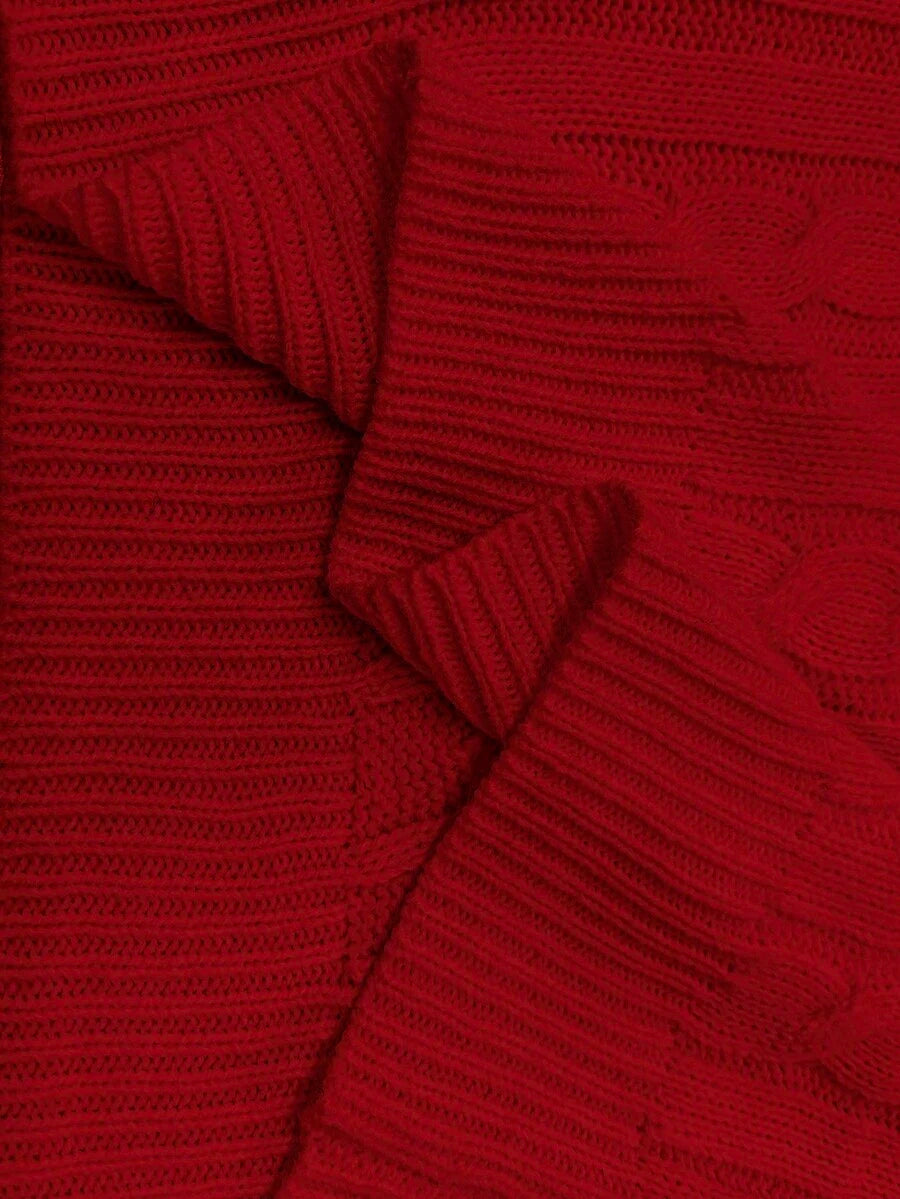 Oriana Cropped Cable Knit Sweater with Crew Neck - Red