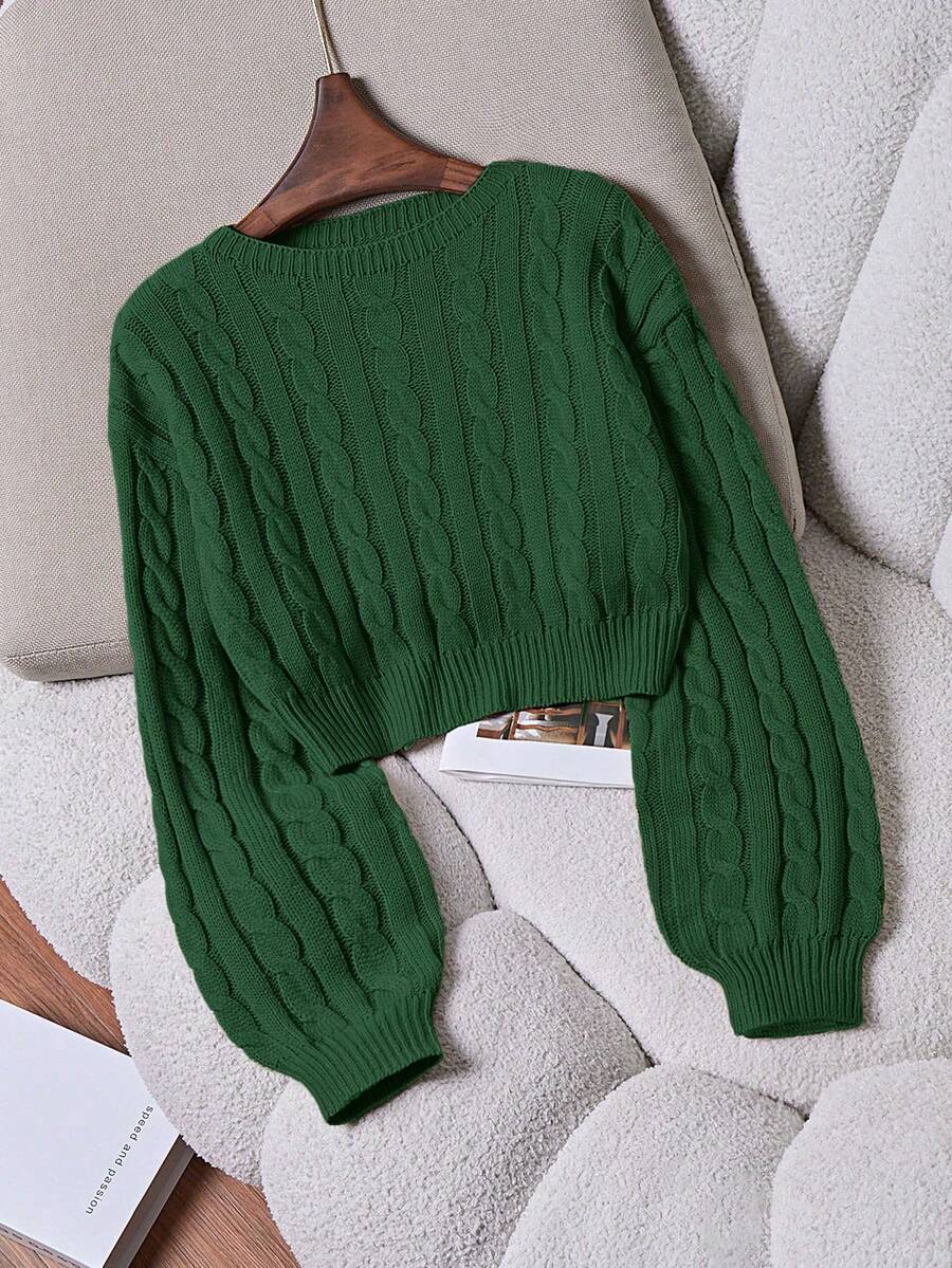 Oriana Cropped Cable Knit Sweater with Crew Neck - Forest Green