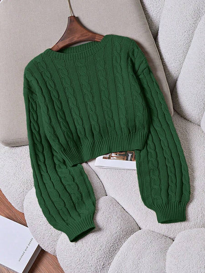Oriana Cropped Cable Knit Sweater with Crew Neck - Forest Green