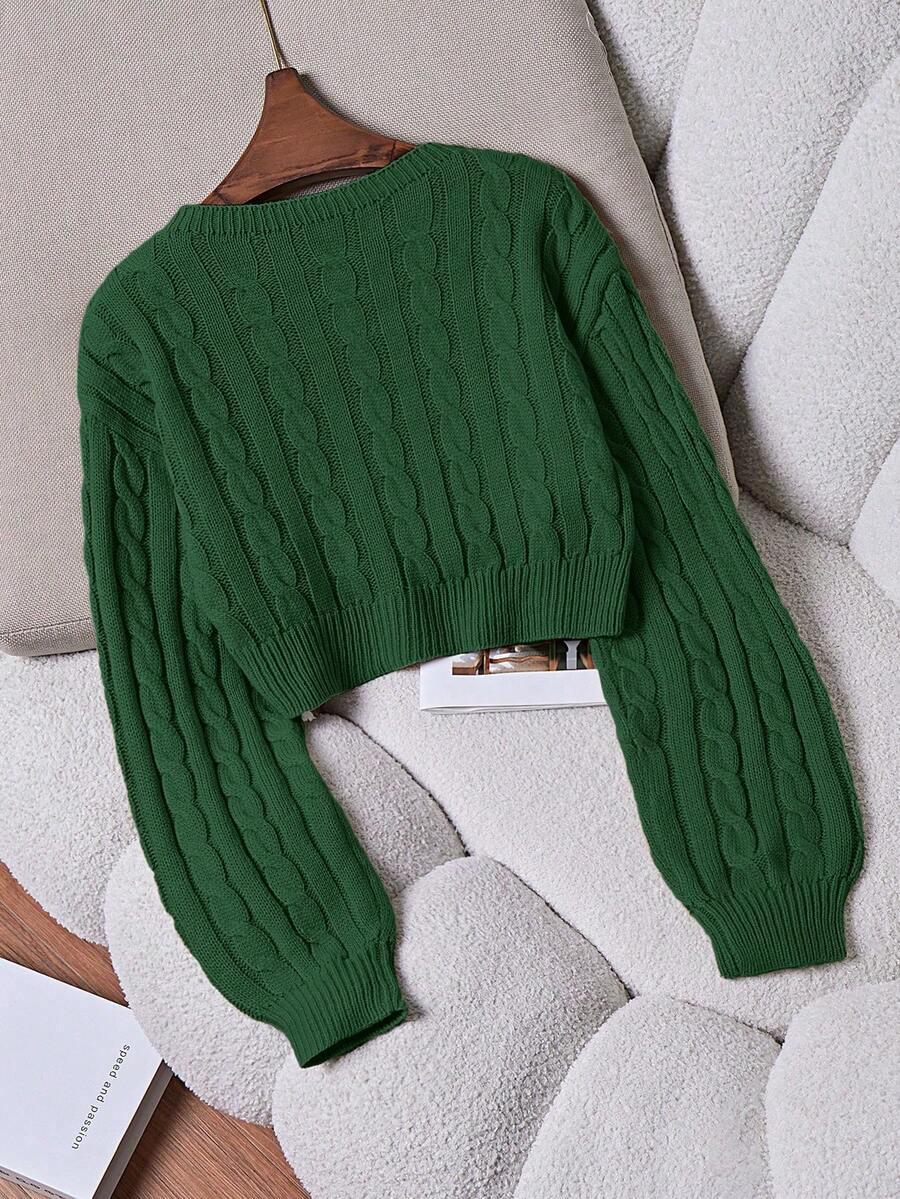 Oriana Cropped Cable Knit Sweater with Crew Neck - Forest Green