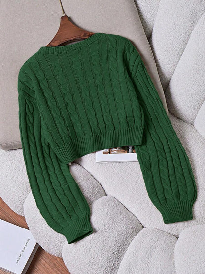Oriana Cropped Cable Knit Sweater with Crew Neck - Forest Green