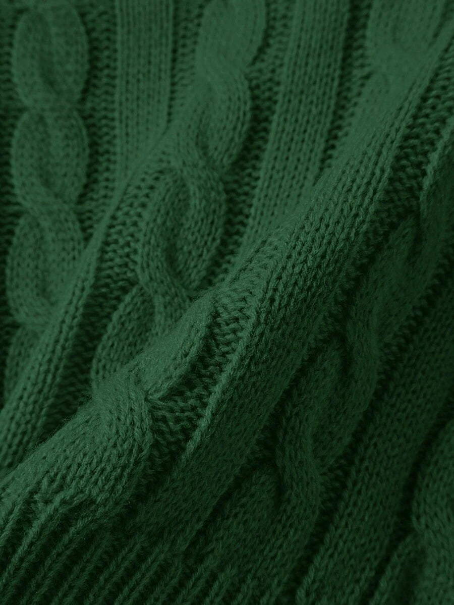 Oriana Cropped Cable Knit Sweater with Crew Neck - Forest Green