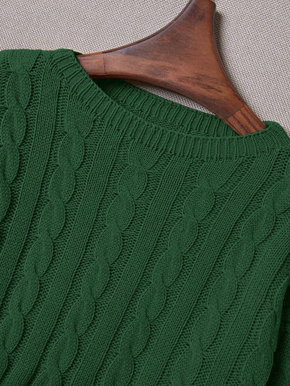 Oriana Cropped Cable Knit Sweater with Crew Neck - Forest Green