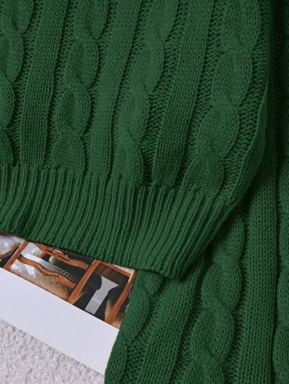 Oriana Cropped Cable Knit Sweater with Crew Neck - Forest Green
