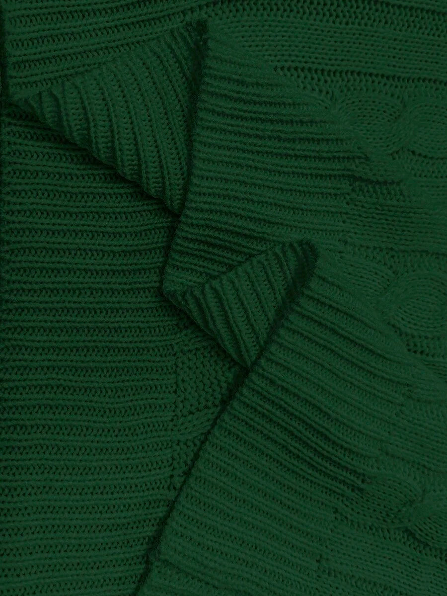 Oriana Cropped Cable Knit Sweater with Crew Neck - Forest Green