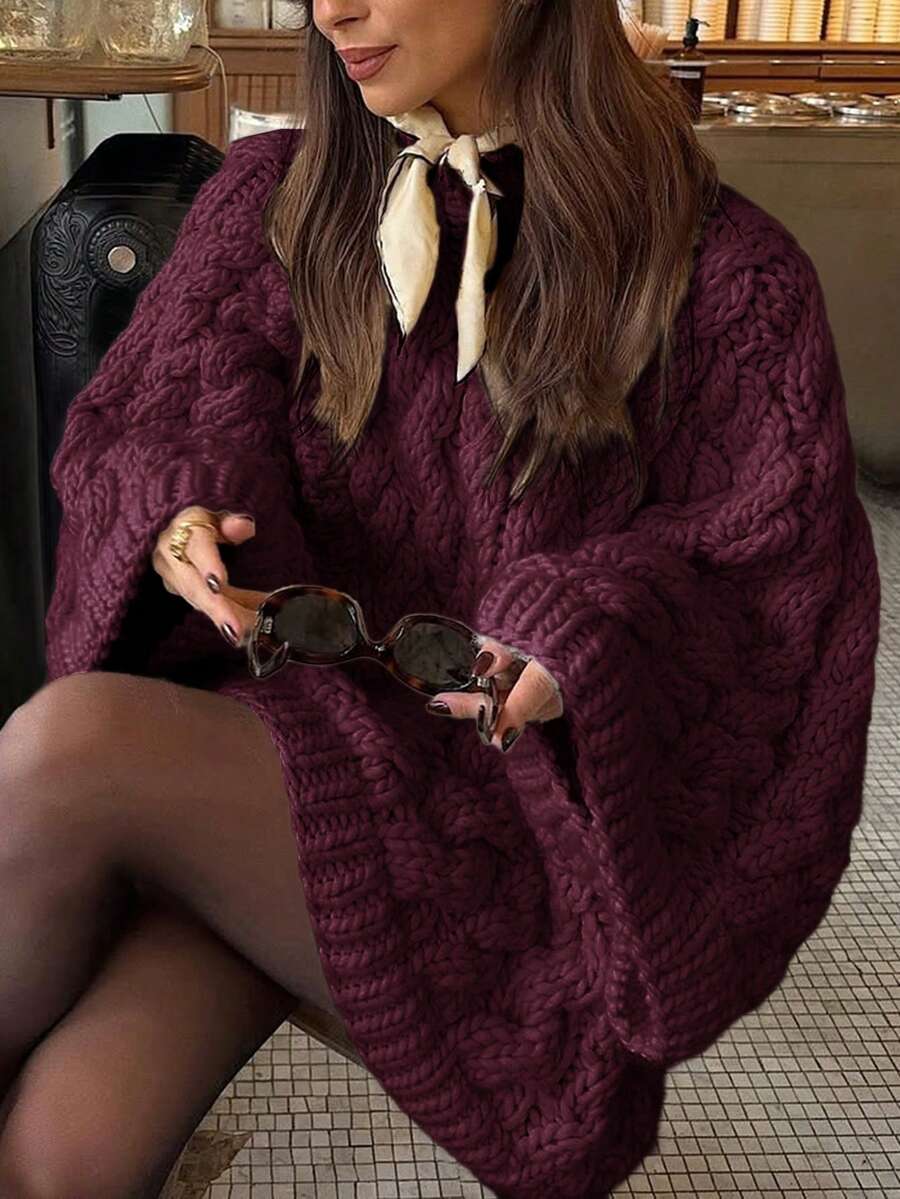 Ondine Oversized Cable Knit Sweater with Wide Bell Sleeves - Burgundy