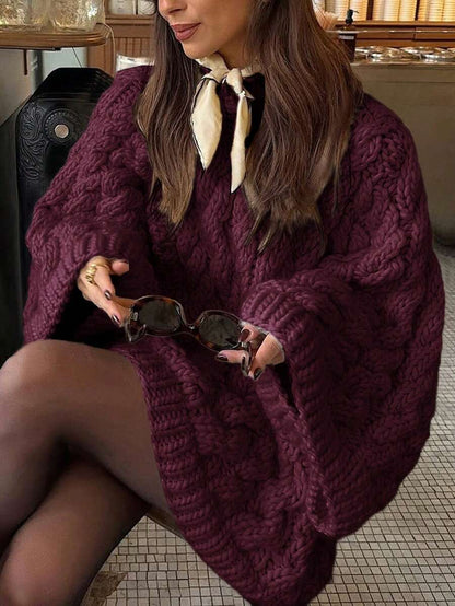 Ondine Oversized Cable Knit Sweater with Wide Bell Sleeves - Burgundy
