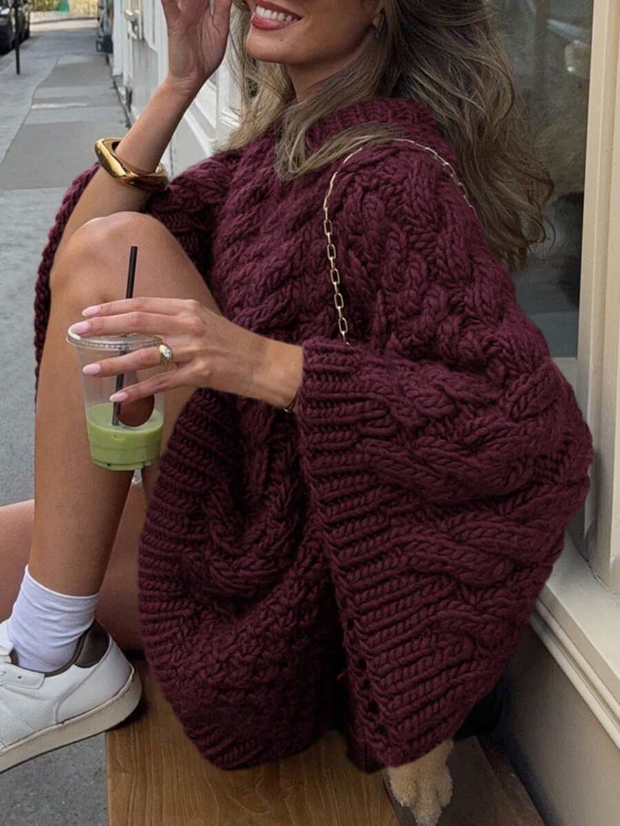 Ondine Oversized Cable Knit Sweater with Wide Bell Sleeves - Burgundy