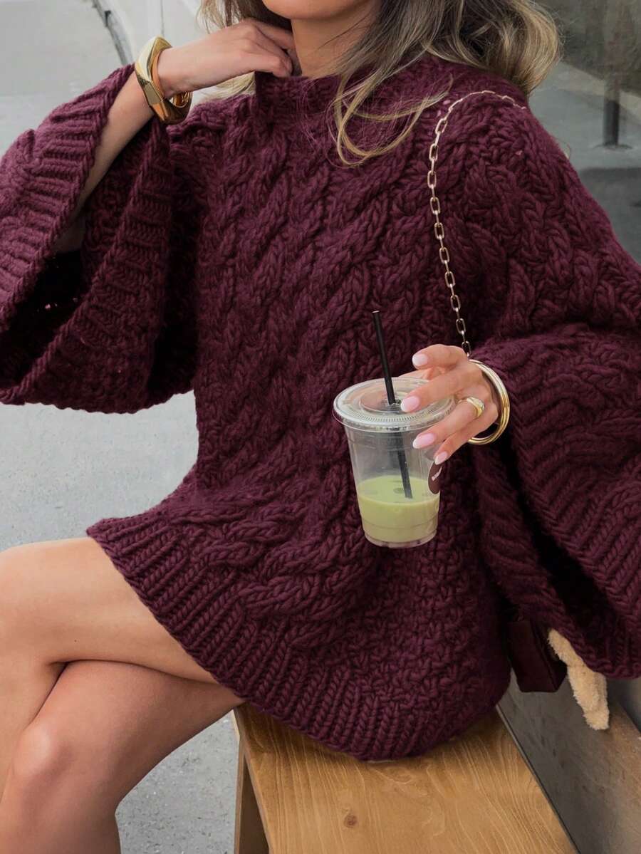 Ondine Oversized Cable Knit Sweater with Wide Bell Sleeves - Burgundy