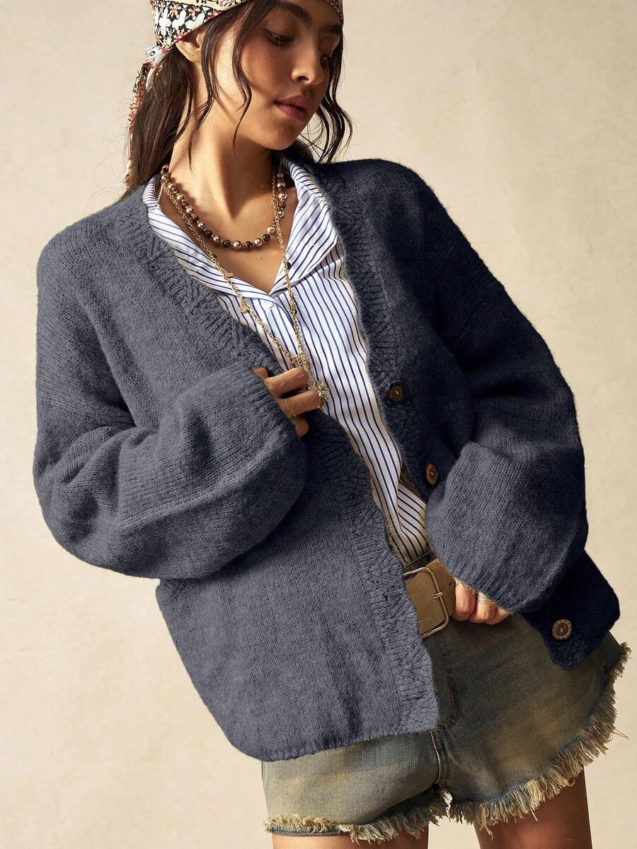 Megeve Oversized Fuzzy Knit Button Front Cardigan