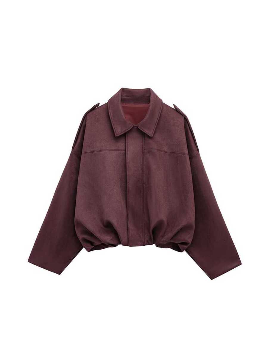 Sabrina Faux Suede Oversized Cropped Collared Jacket - Burgundy
