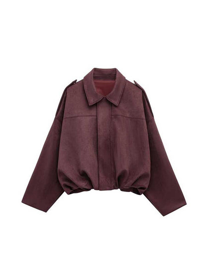 Sabrina Faux Suede Oversized Cropped Collared Jacket - Burgundy