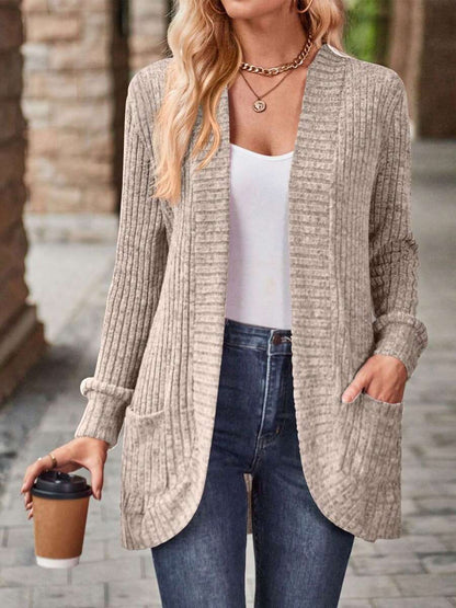 Rosamund Open Front Longline Knit Cardigan with Pockets - Khaki