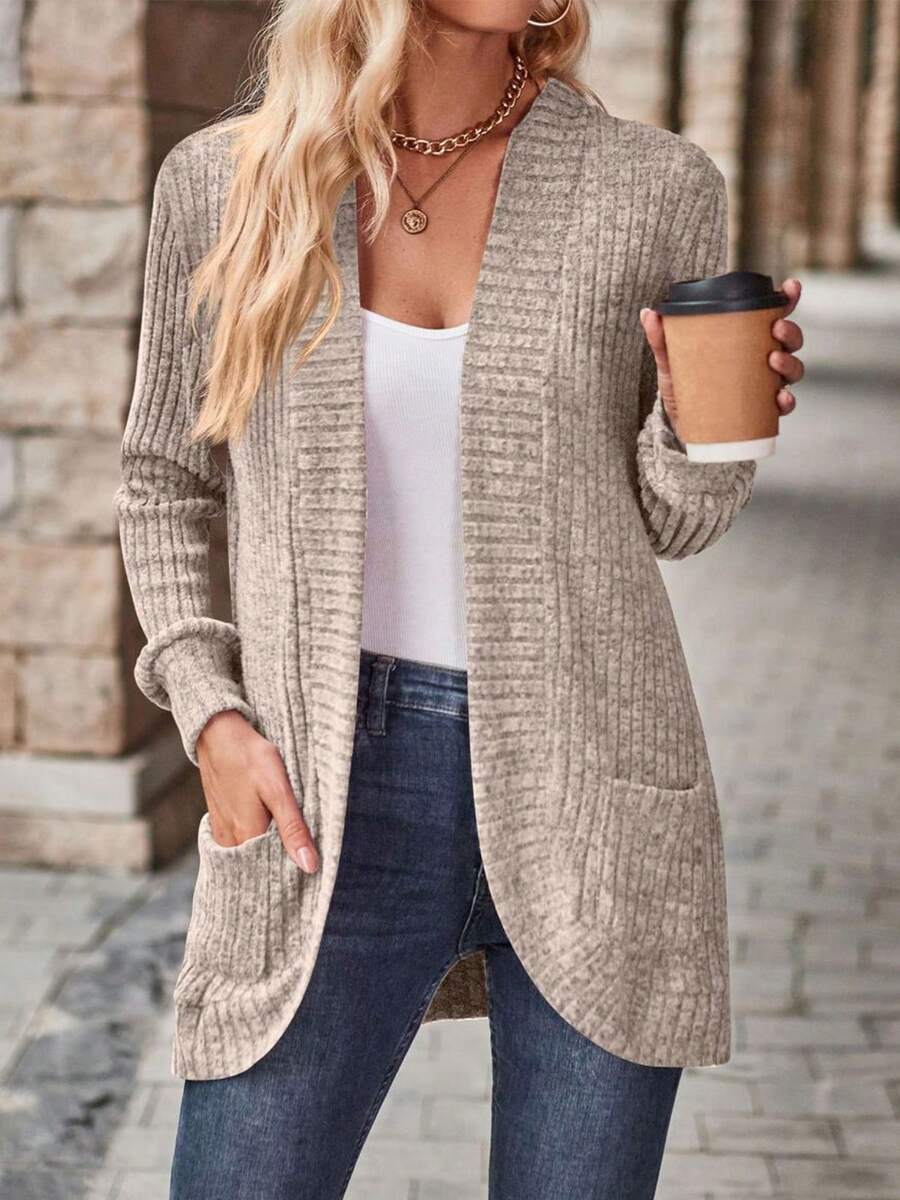 Rosamund Open Front Longline Knit Cardigan with Pockets - Khaki
